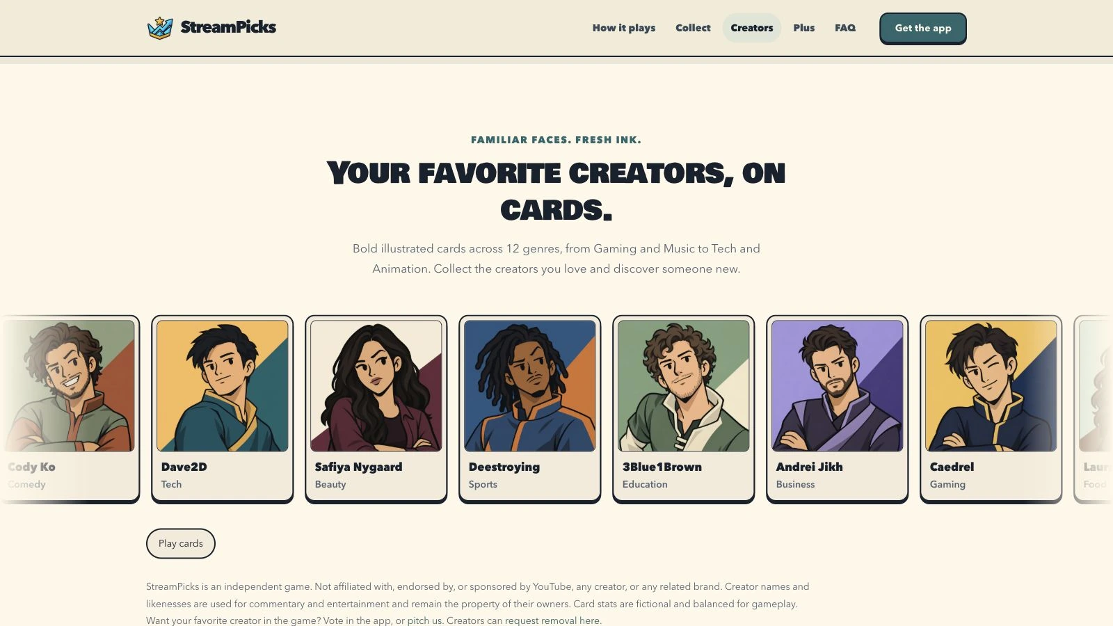 StreamPicks website: Your favorite creators, on cards, above the illustrated creator-card gallery